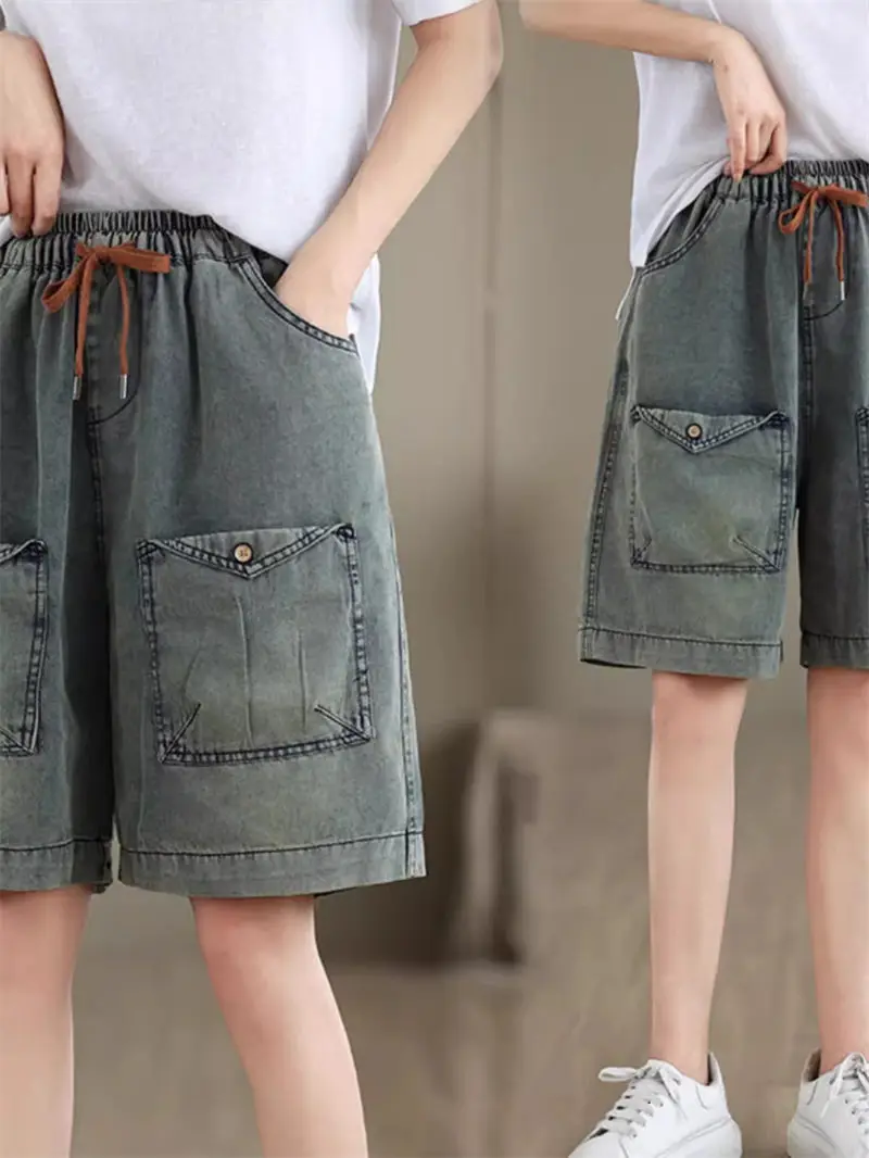 

Design Retro Denim Shorts Color Matching Lace Up Elastic Waist Wide Leg Pants For Women Korean Jeans K1585