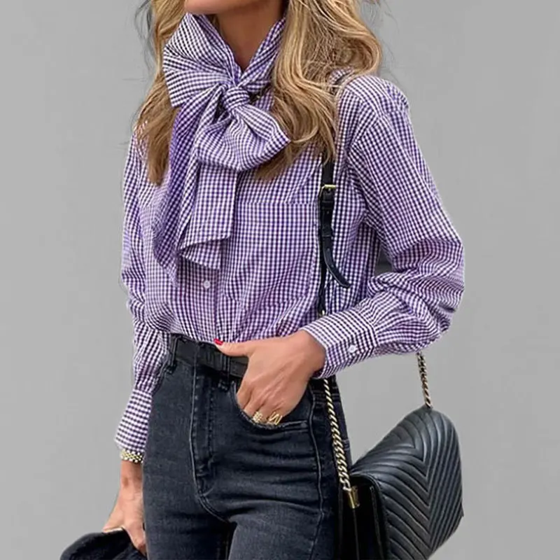 

Amazon Cross-border 2025 Spring New Women's Clothing Street Fashion Plaid Butterfly Collar Long-sleeved Shirt