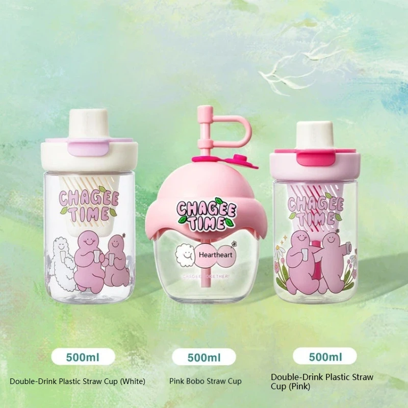 

Bawang Tea House Pink Bobo Co-branded Series: Good Friends Pink Together Bobo Cup Straw Travel Mug Insulated Water Cup