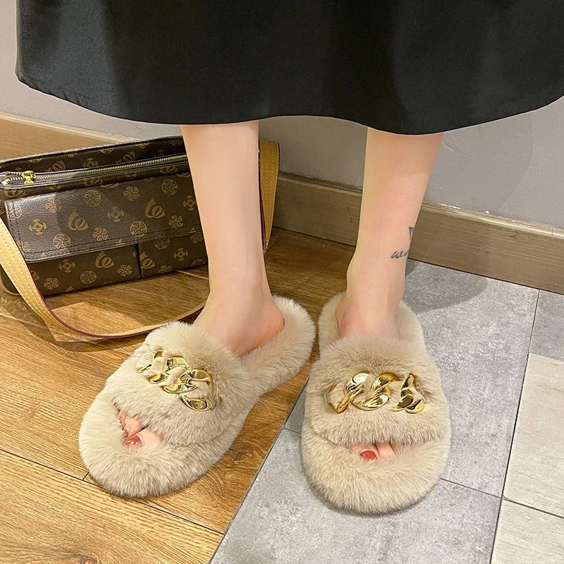 Fashion Designer Women Home Slippers Solid Color Open Toe Indoor 2024 Winter New Flat Non-slip Leisure Interior Female Shoes