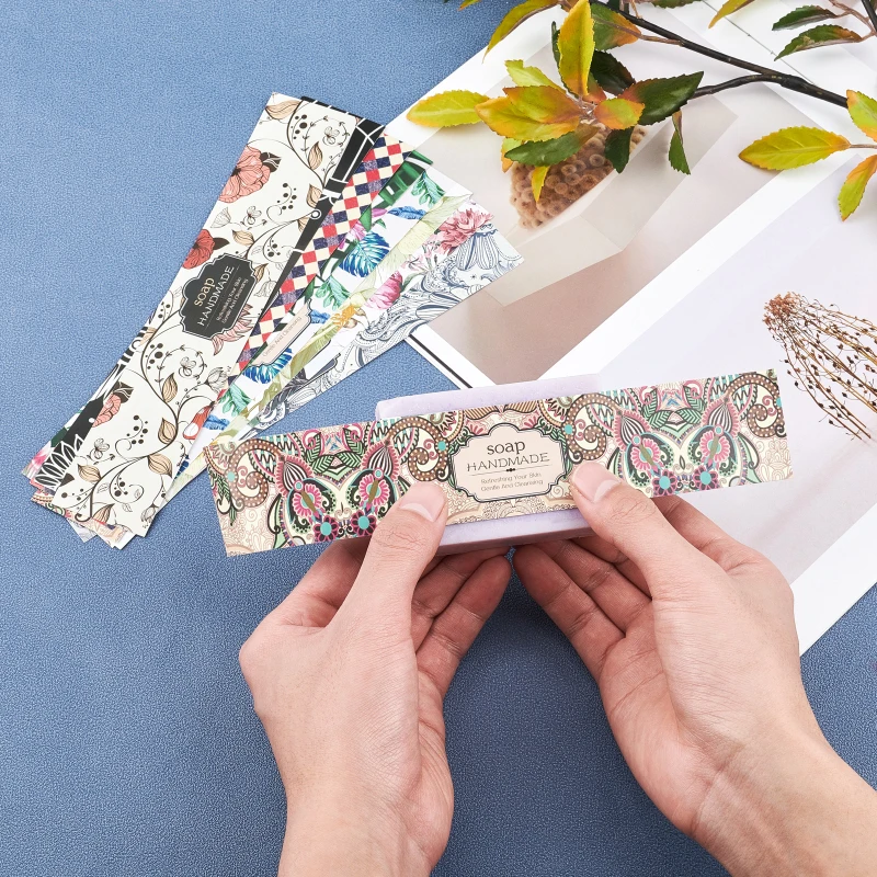 1Bag 90pcs Handmade Soap Paper Tag Wrap Paper Tape for Soap Packaging Rectangle with Flower Pattern Mixed Color 210x40x0.1mm