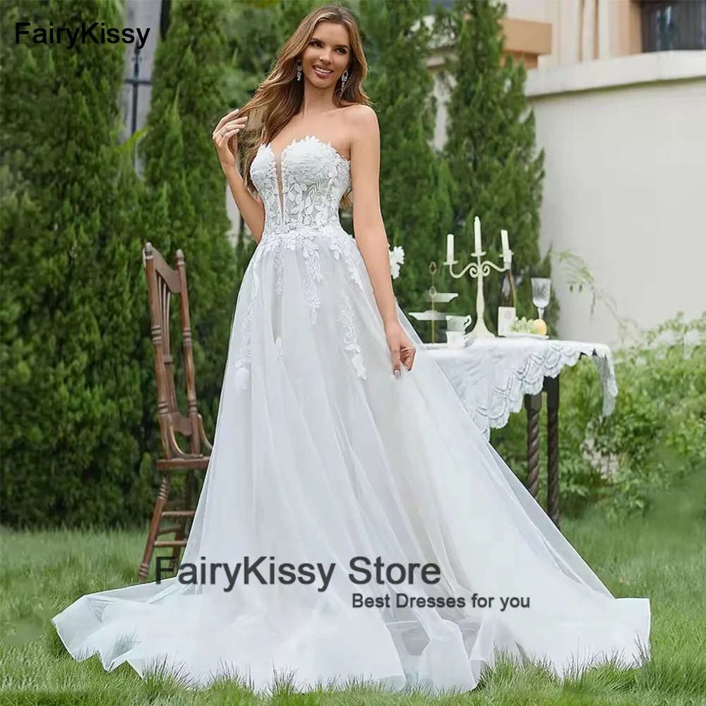 FairyKissy-vestidos de novia elegantes de encaje para mujer, vestidos de novia brillantes con escote en V profundo, vestido de novia con forma de corazón para mujer