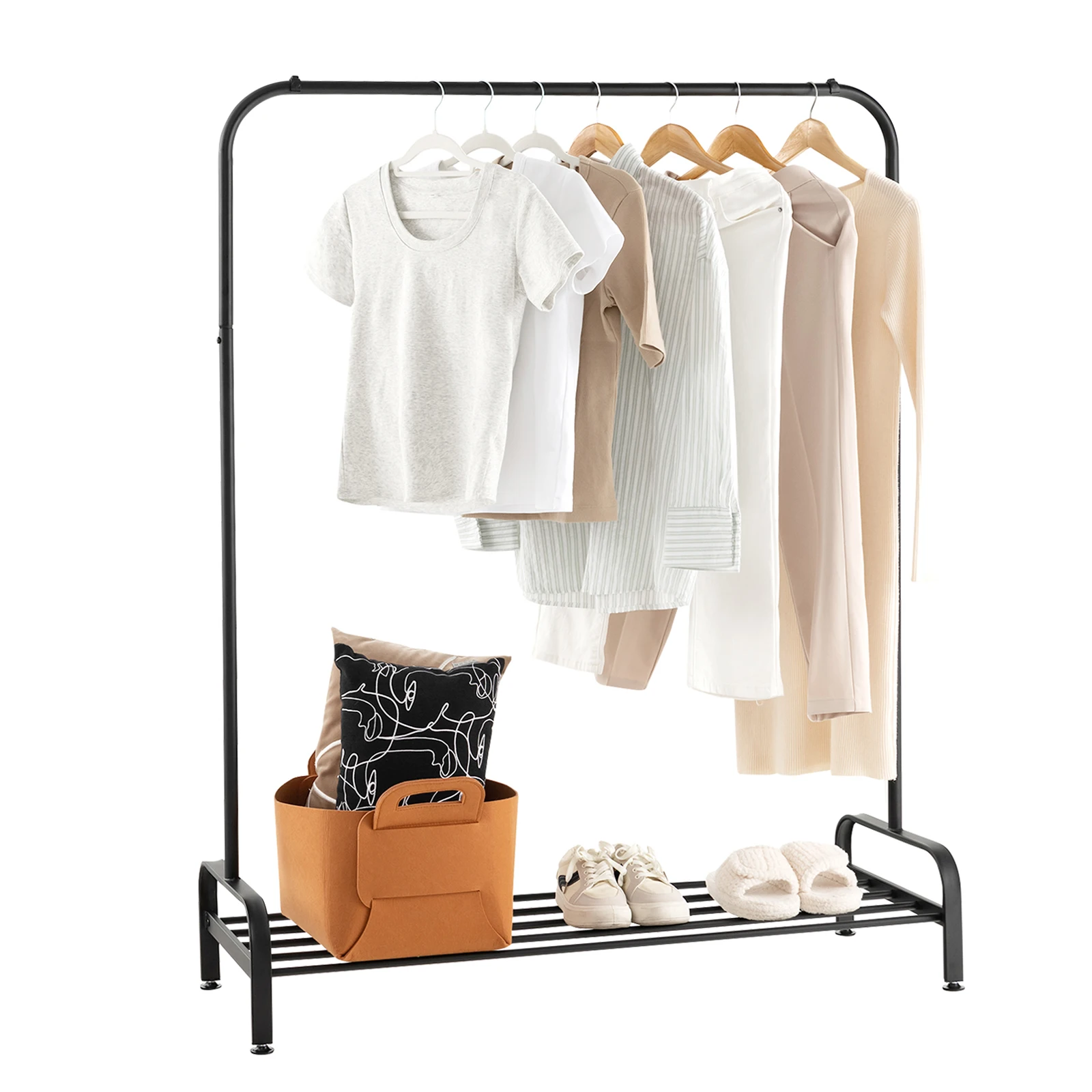 Dresses stand with dresses bar and storage compartment, coat rack stand metal with adjustable feet, freestanding, 112x42x145