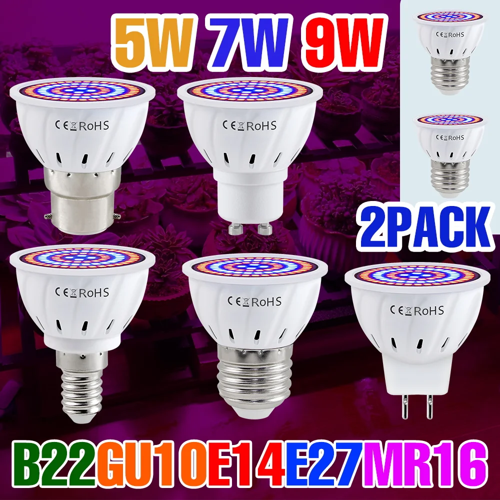 

2pcs 9W LED Grow Light Full Spectrum E27 Plant Lamp 220V Indoor Potted Fill Lamps E14 Greenhouse Succulent Hydroponics Lighting
