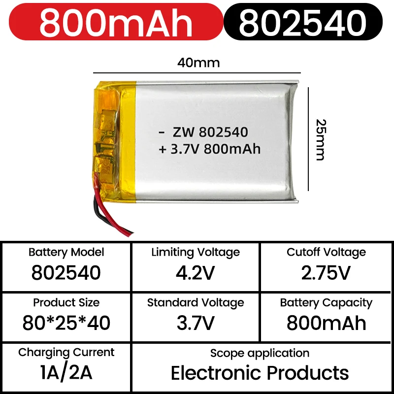 802540 Lipo 800mAh 3.7V 082540 Lithium Battery Li Polymer Batteries for Flashlight Remote Controller Handheld Fans