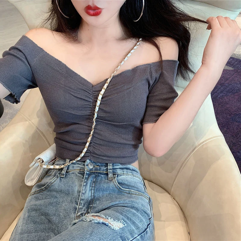 Biyaby Cropped Knitted T-Shirt Women Summer 2024 New Solid Color V Neck Tops Woman Korean Style Slim Fit Short Sleeve T Shirt