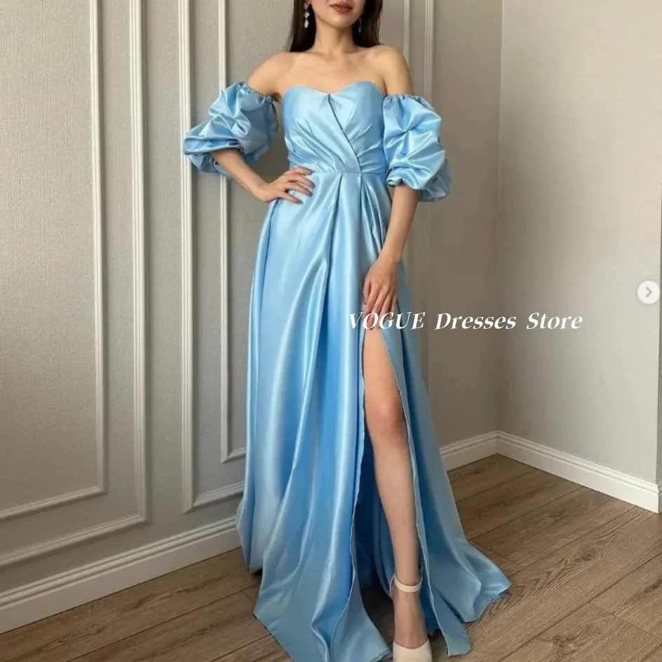 

Sexy Slit Evening Dresses with Puff Sleeve A Line Satin Evening Party Dresses فساتين سهرة vestidos de fiesta Customized