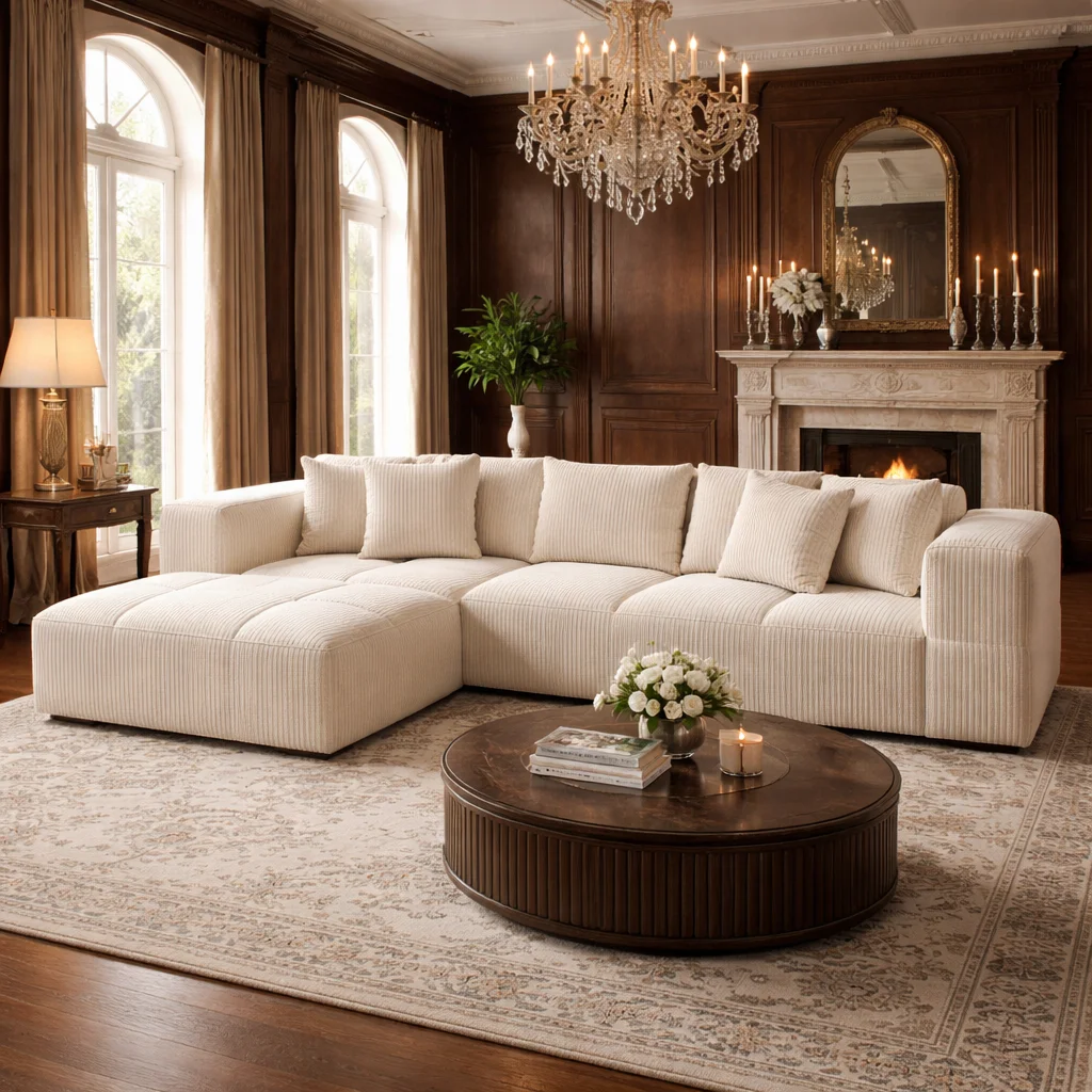 #American Thick Striped Corduroy Plush Modular Sectional Sofa Couch Set Compression Fabric Living Room Sofa