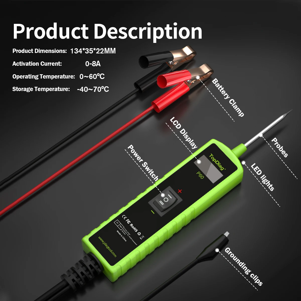 Topdiag P60 Automotive Electrical Circuit Tester Power Circuit Probe Tester 6V 30V Battery Tester Activating Car Diagnostic Tool