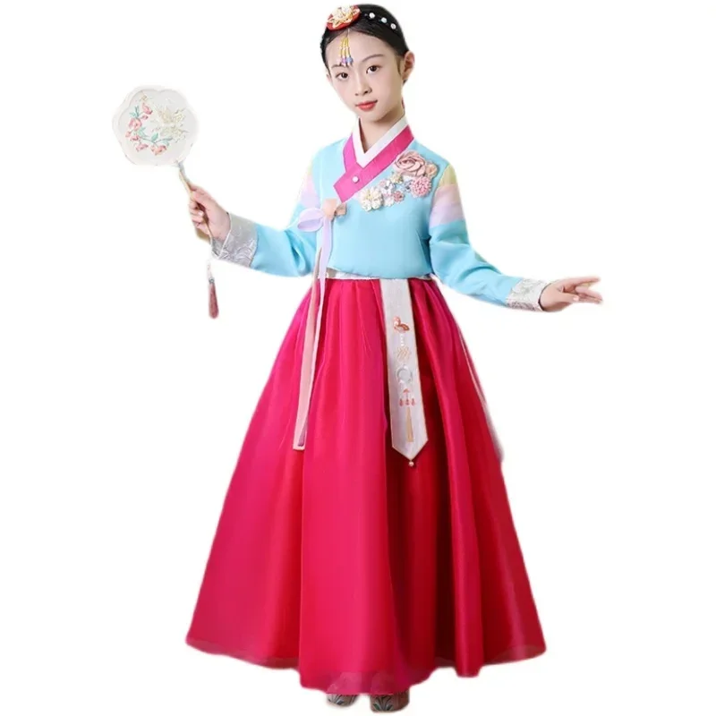 Kreatywny Starożytny Koreański Hanbok Dziewczęcy Strój Narodowy Kostium Studencki Występ Haft Kwiatowy Dziecięcy Strój Festiwalowy