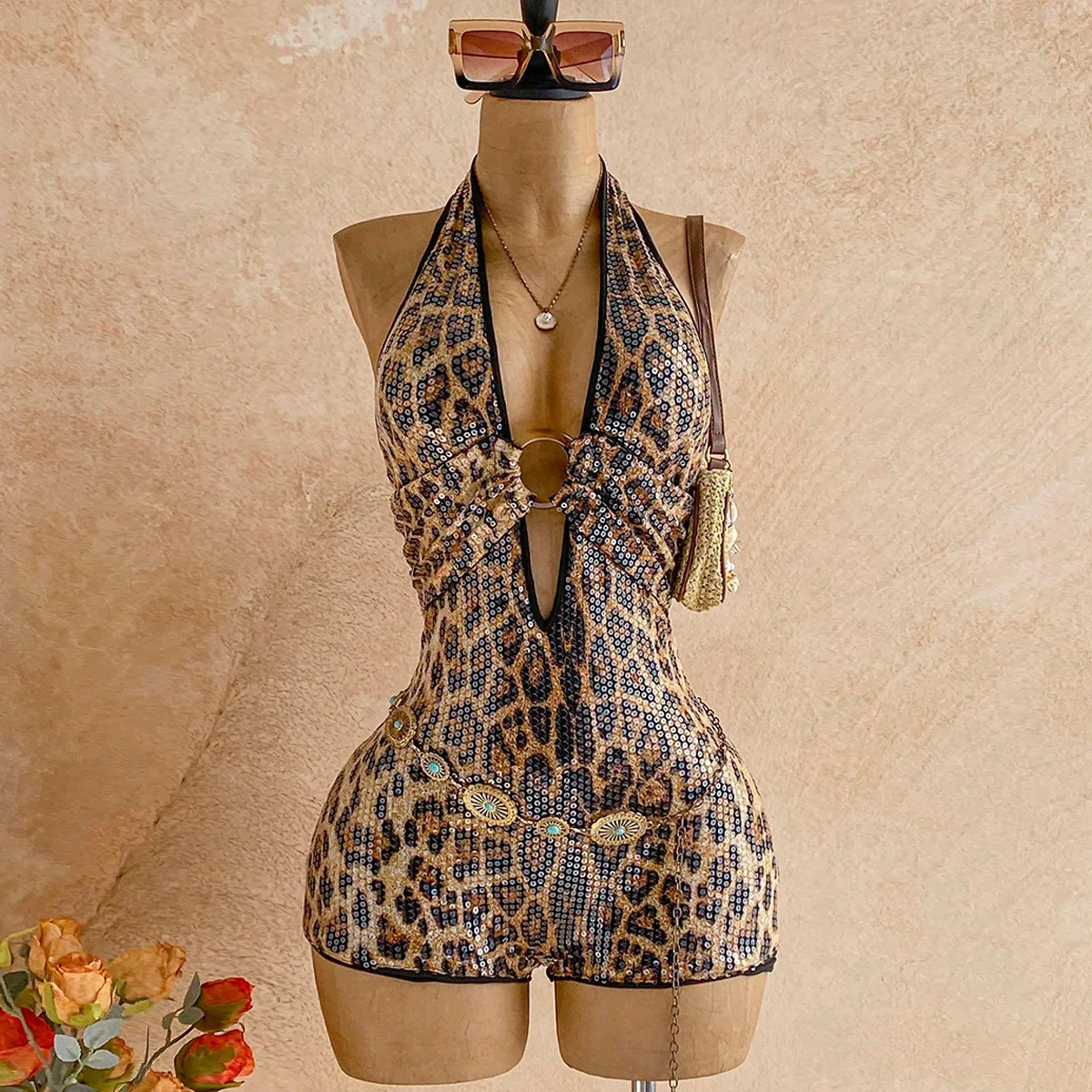 Leopard Print Sequins Skinny Playsuits Women Sexy Metal Ring Deep V-neck Halter Backless Booty Lifting Slim Night Club Rompers