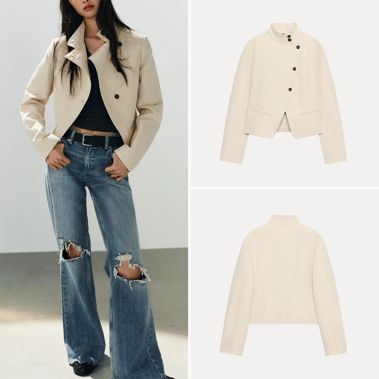 ZADATA Women's Long Sleeve Button up Stand Collar Double Breasted Suit Jacket 2026 Autumn Collection Short Outerwear