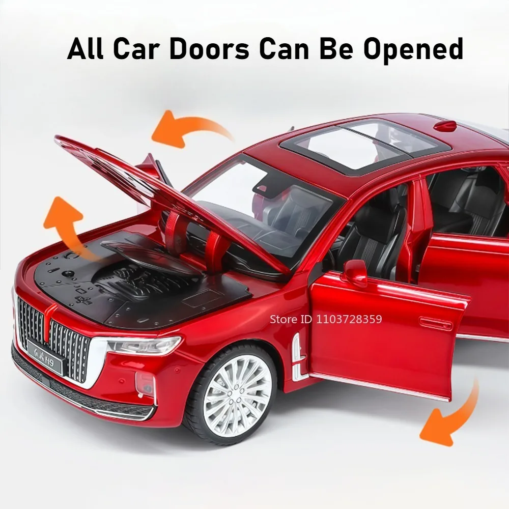 1:32 HongQi H9 M4 Simulazione Modelli di auto giocattolo Porte pressofuse in lega aperte Tirare indietro Interni squisiti Suono Luce per i regali dei bambini