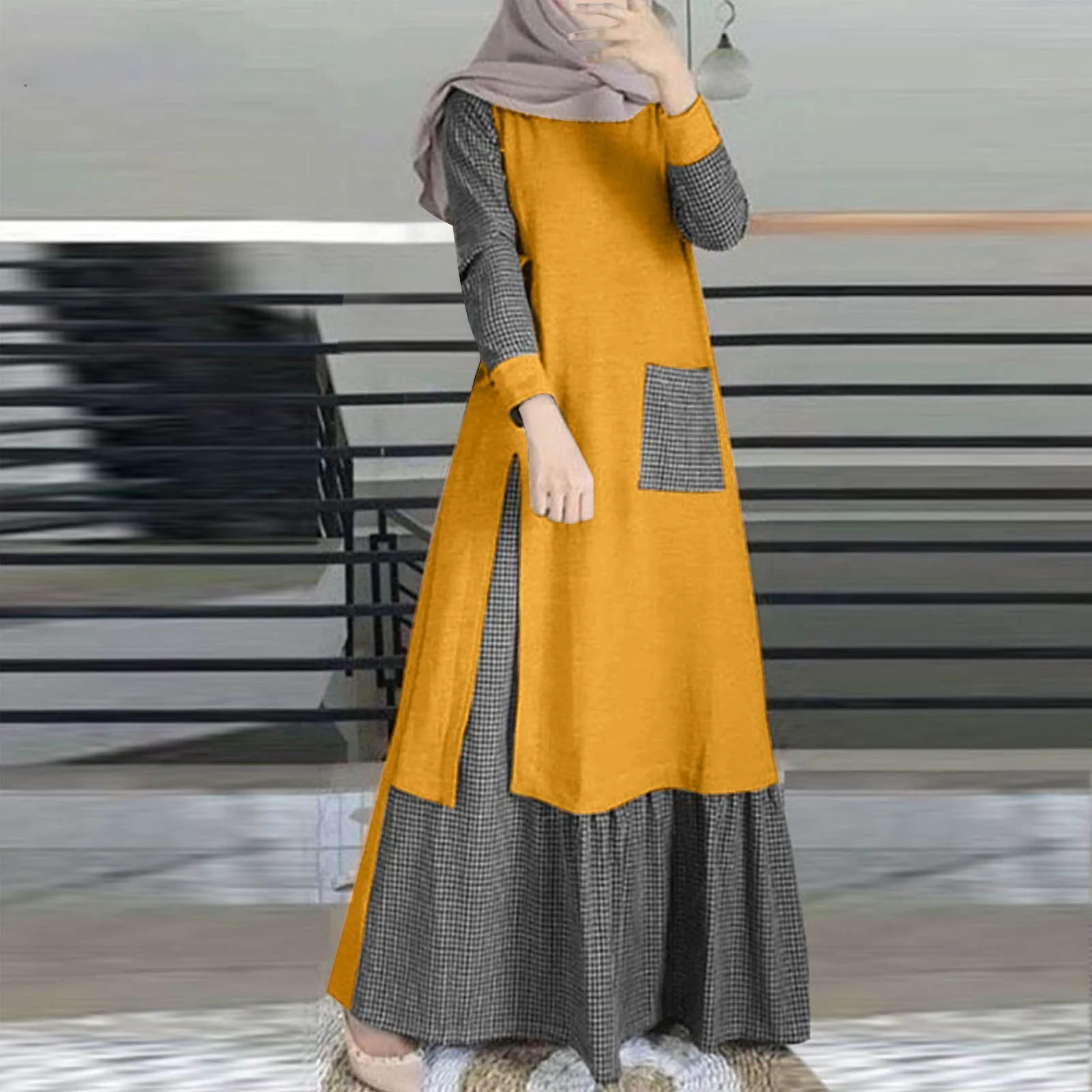 

Muslim Women's Dresses Creative Casual Patchwork Long Sleeve Round Neck Dresses Abayas For Women Islamic Clothing
