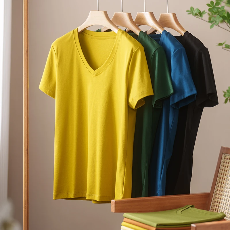 2024 Summer 100% Mercerized Cotton Women Silk T-shirts V-Neck Short Sleeve Loose Straight Tops Simple Casual Tees For Minimalist