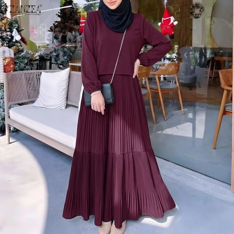 Muslim Modest Fashion Women Maxi Dress Hijab O-Neck Lantern Sleeves Plisse Abaya Robes ZANZEA Islamic Elegant Ramadan Eid Kaftan