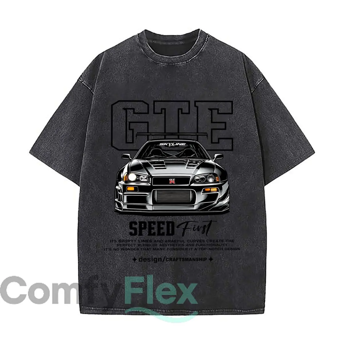Skyline GTR Speed First Design Craftsmanship Racing Car Vintage Distressed Loose Streetwear Tops for Campus Days
