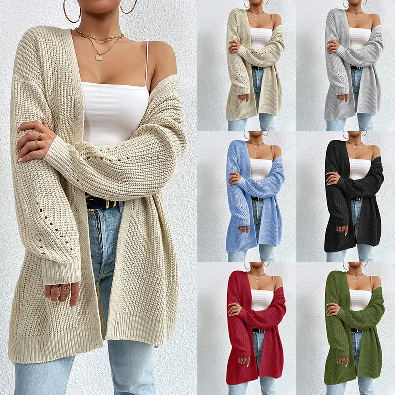 

2025 autumn and winter new loose medium long sweater jacket knitted cardigan V-neck solid color knitted sweater