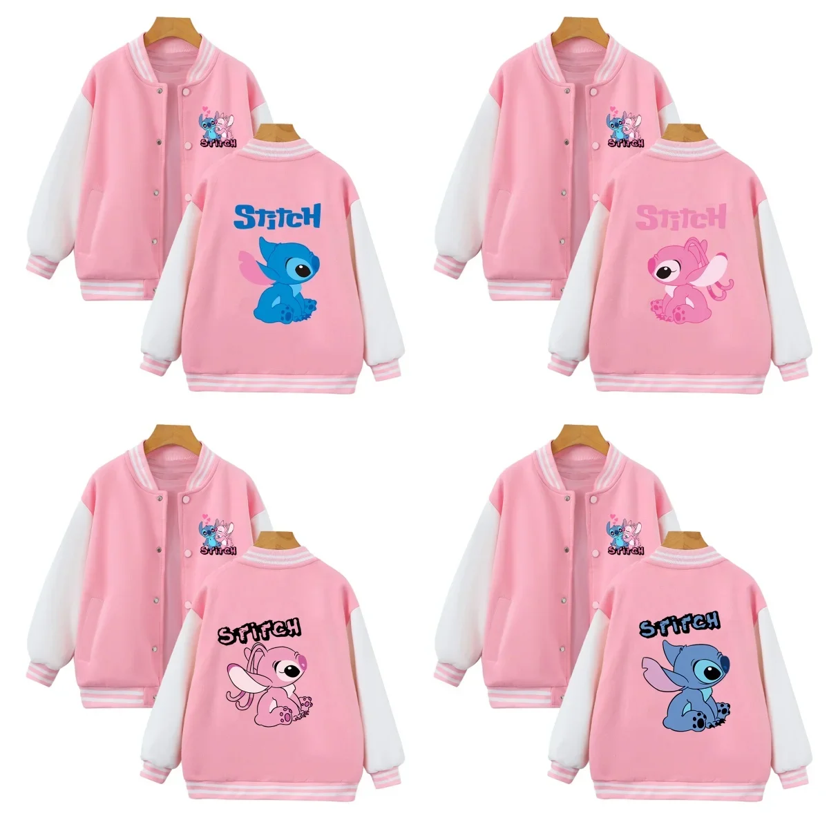 2025 Stitch Kids Disney kawaii Simple Printed Boys Girls Baseball Uniform Fall/Winter Padded casual coat for teens ages 2-14