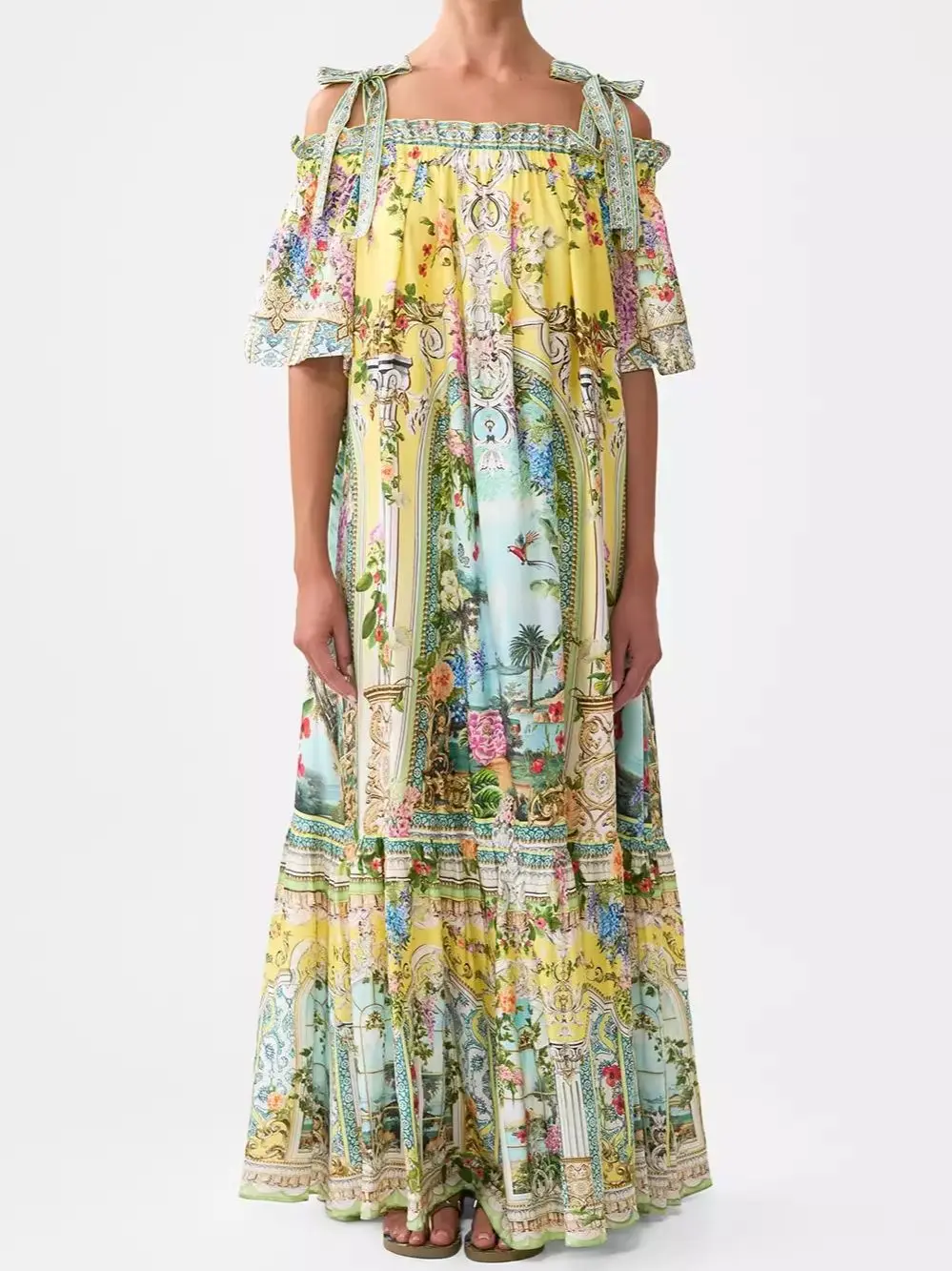 ชุดเดรสยาวผ้าไหมแท้ 100% ลายดอกไม้ สำหรับผู้หญิง สายเดี่ยว ประดับคริสตัล คอเฉียง แขนสั้น เหมาะสำหรับวันหยุด