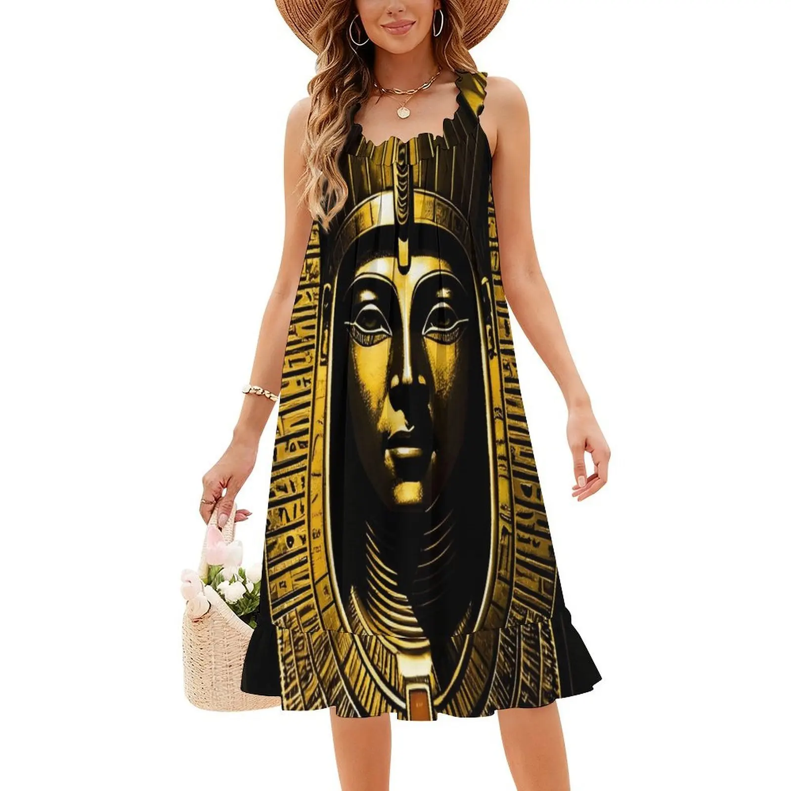 مصر خمر الفن # 4 فستان بوهيمي بدون أكمام متعدد الطباعات لحفلات العطلات على الشاطئ مصر عتيقة فن عتيق فن حديث #4