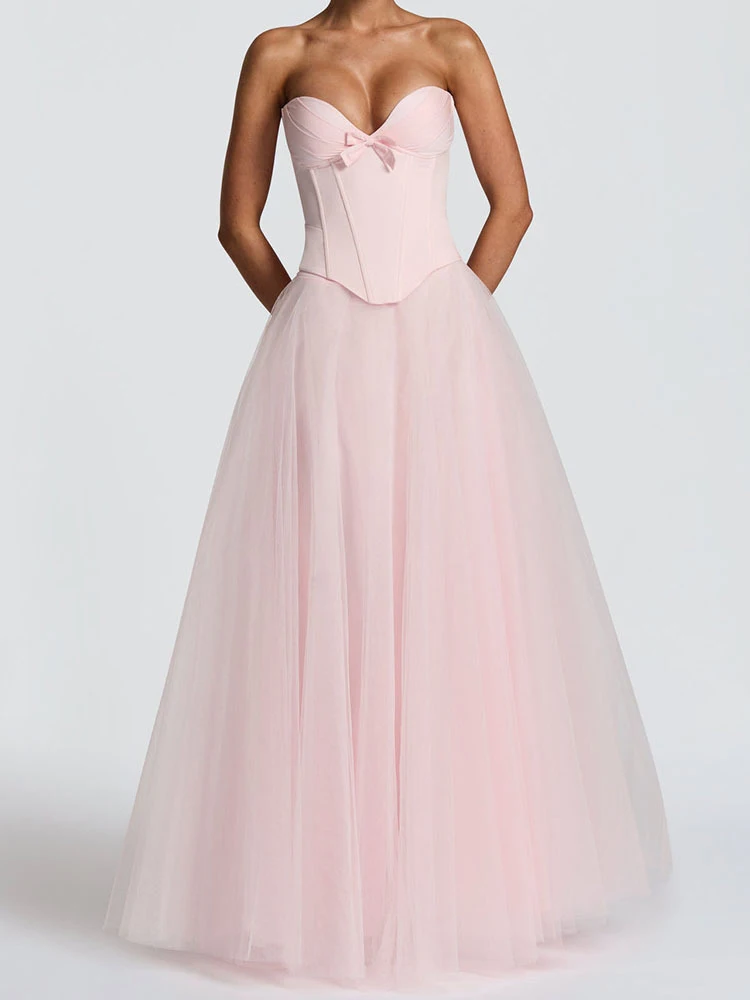 女性用エレガントノースリーブソリッドバンケットスーツファッションスイートガウン2ピースセットセクシーストラップレスクロップトップ＆メッシュスカートイブニングアウトフィット