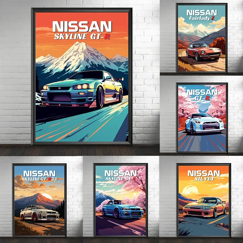 Retro Poster Canvas Painting Japanese Car 1990s Classic Car Nissan Skyline GT-R R34 Wall Art Pictures Home Interior Decor