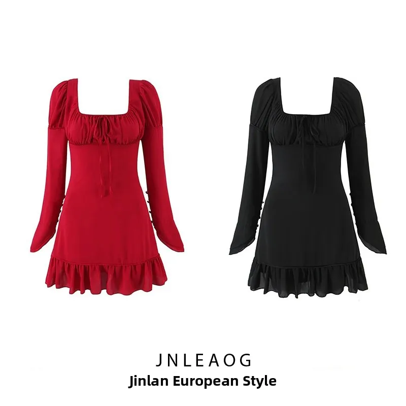 Faionable Long Sve Square Collar Dr JNLEAOG Women's Clothing Autumn New Sle French Sle Polyester H Version Casual