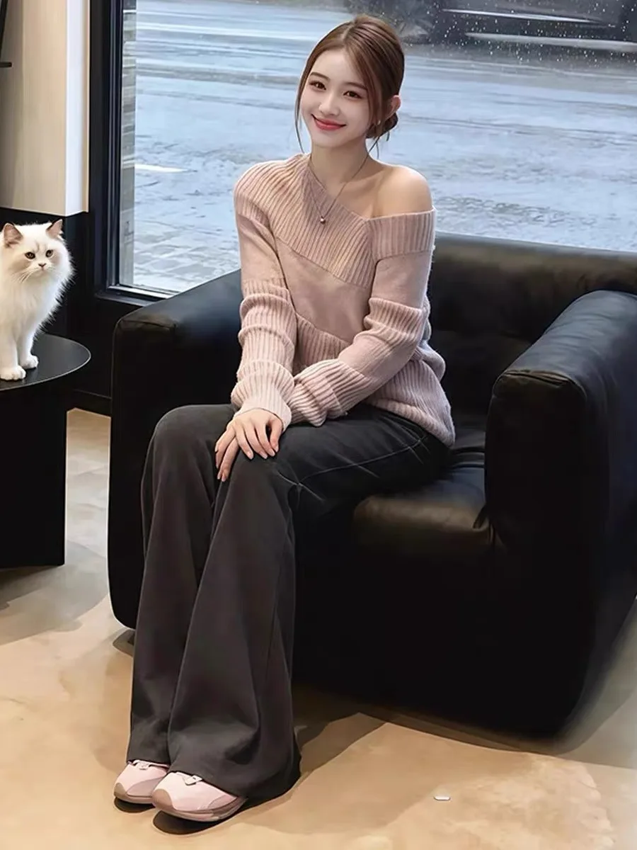 

Ele Pink oulder Bared Knitwear for Women Long Sve Inner Wear Outer Wear Suitable for Autumn And Winter Pure Desire S...