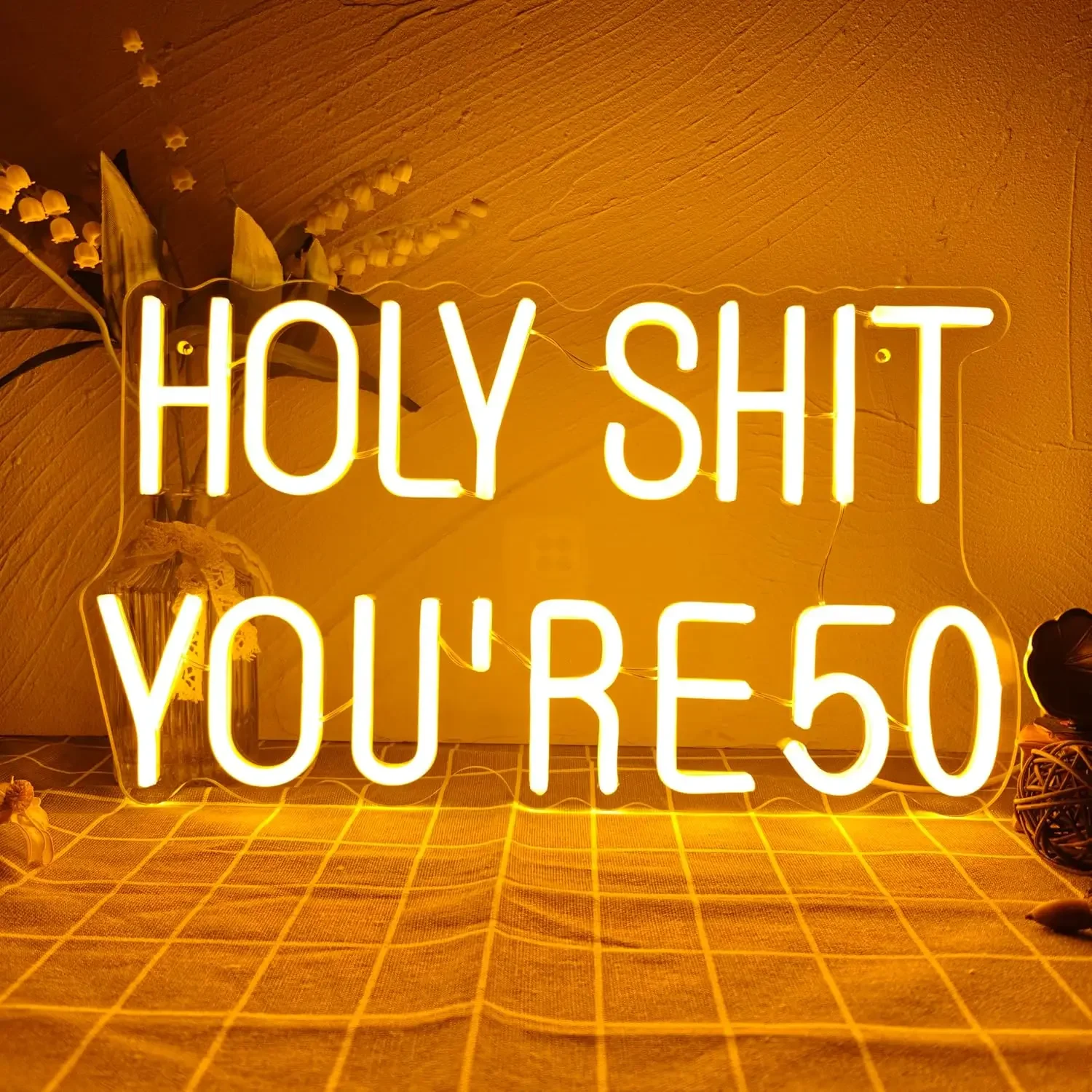 Holy Shit Youre 50 Neon Sign LED Wall Art Funny 50th Birthday Quote Acrylic USB Powered Dimmable Light Party Living Room Decor