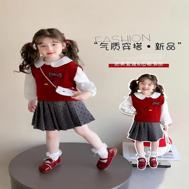 

Sanrio Hello Kitty Loungewear Set Girl Kawaii Y2K Anime Children's Clothing Winter Three-Piece Set Clothes Kids Overalls Coat