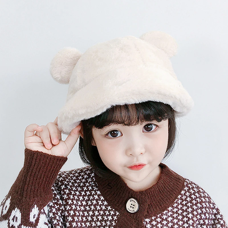 Korean Winter Baby Plush Bucket Hat Solid Faux Fur Warm Kids Fisherman Cap Cute Cartoon Leopard Print Warm Toddler Panama Bonnet