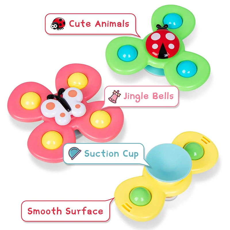 3pcs Baby Cartoon Fidget Spinner Toys Colorful Insect Gyro Educational Toy Kids Fingertip Rattle Bath Toys for Boys Girls Gift