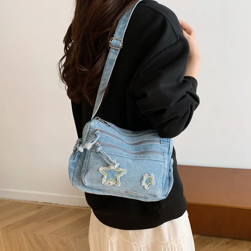 Fashion Crossbody Bags for Women Stylish Denim Casual and Simple Shoulder Bag with Stars Lightweight Versatile Commuting Bag view 4
