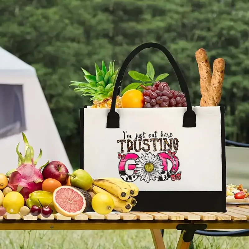 Большая сумка с принтом цветов и Бога, портативная холщовая сумка для покупок, большая вместительная сумка для путешествий, пляжного отдыха