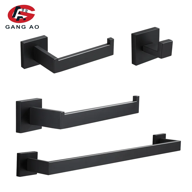 Black Bathroom Accessories Sets 4 Wall Mounted Towel Bar Robe Hooks Toilet Paper Roll Holder Stainless Steel Hardware