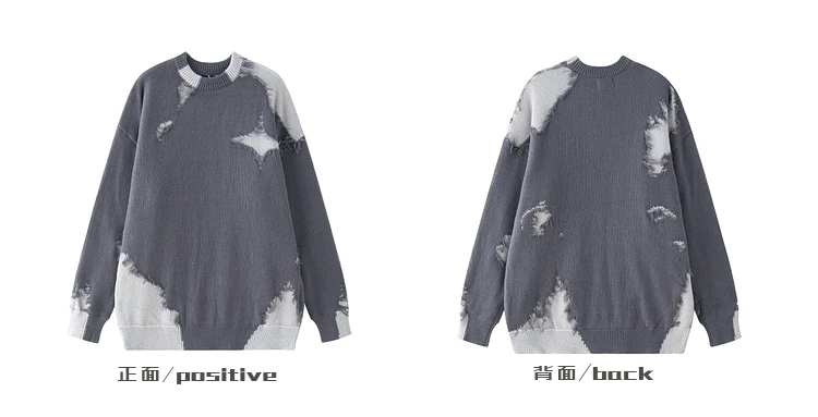 2025 Autumn Winter American High Street Black Spliced Frayed Pullover Sweater Gray Round Neck Casual Knitted Sweater