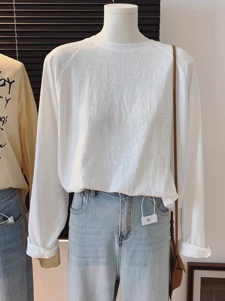 Snowflake Cotton Long Sve T-irt Women's Spring 2024 New Sle Simple Pure Color Loose Base Top Comfortable Korean Sle