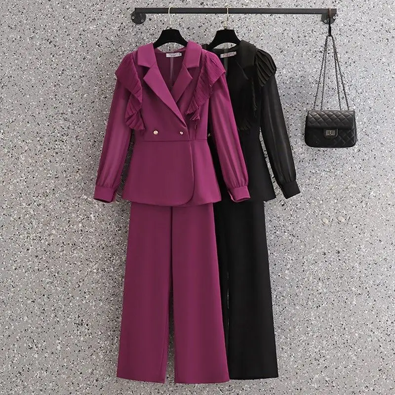 Setelan baju kantor profesional wanita, jaket kemeja sifon lipit tepi lipit, celana kaki lebar kasual, setelan celana kantor profesional elegan dua potong