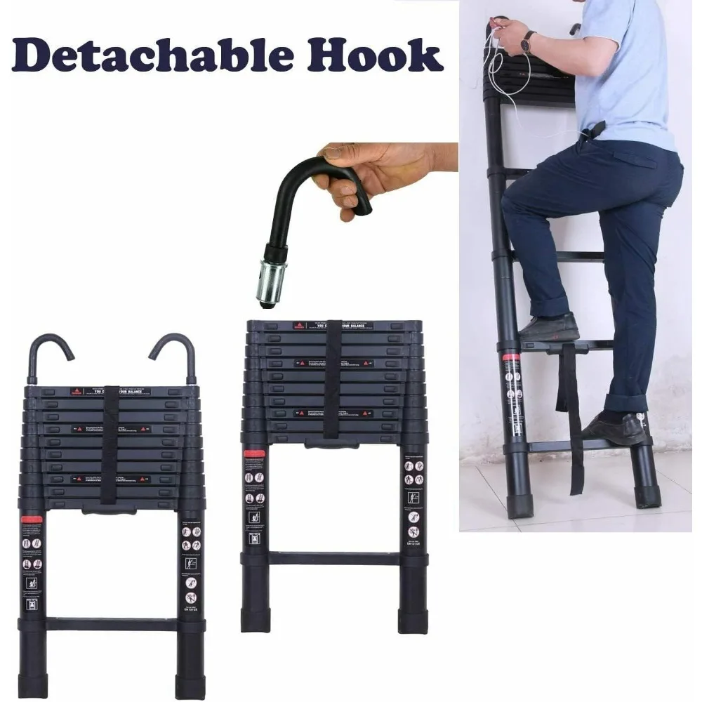 Scala telescopica in alluminio - 10 piedi, 2 ganci per tetto, leggera, multiuso, capacità di 330 libbre, certificata EN131