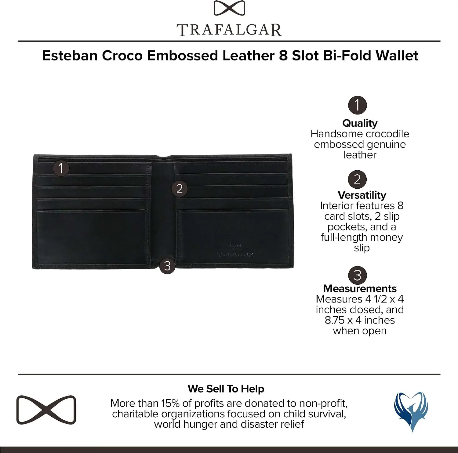 Men's Esteban Croco Embossed Leather 8 Slot Bi-Fold Wallet, Black
