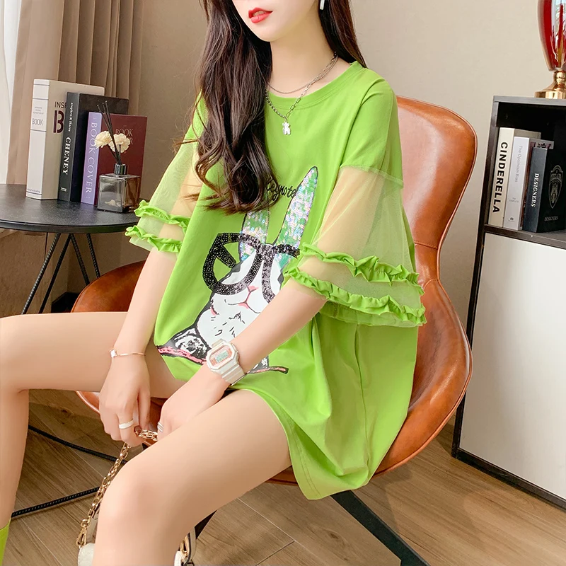 

Explosive Street Trend Korean Cotton New Mesh Spliced Sequin Short sleeved T-shirt Women's Large Women's Wear