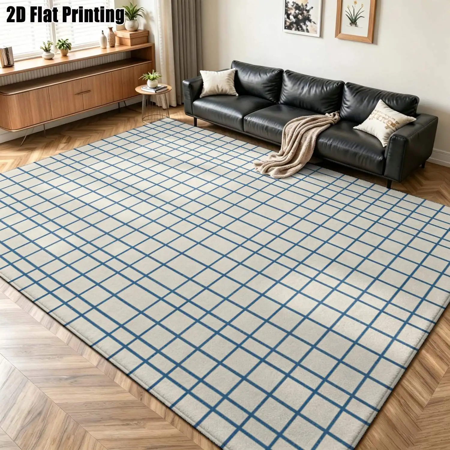1Pc 2D Printed Nordic Carpet, Blue White Grid Pattern, Modern Minimalist Geometric Floor Mat, Machine Washable, Multi-Size, for Home Decor, Entrance, Dining, Bedroom, Living Room