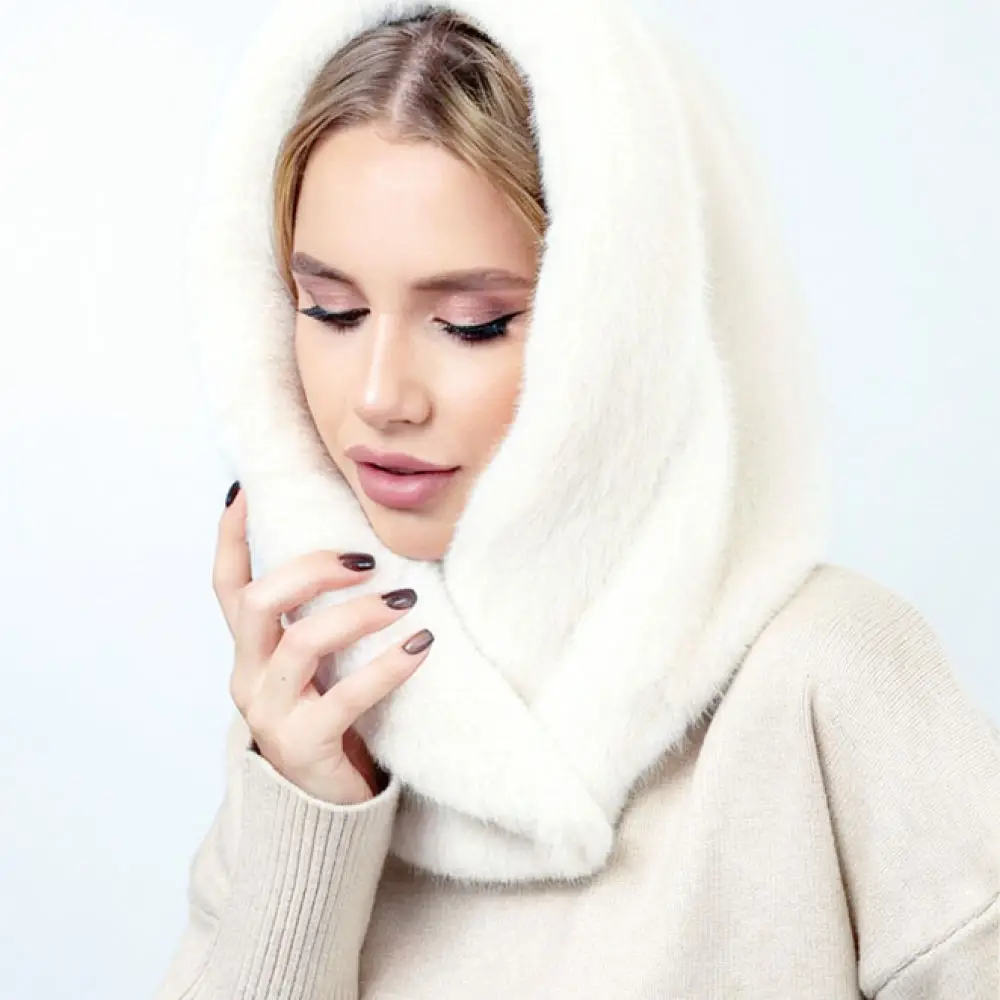 Women Winter Plush Hat Ear Warmer Cap Neck Protection Scarf Integrated Cute Soft Thick Thermal Cold Weather Outdoor Accessory