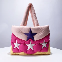 Tote Puffer Bags For Women Luxury Designer Handbags Purses 2024 New In Fashion Nylon Filled With Cotton Splicing Star Shoulder