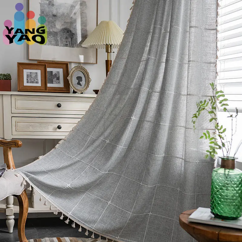 

Knitted Jacquard Polyester Curtains With Checkered Lines Beige Tassel Shading Curtain For Living Rooms Bedrooms Coffee Shops