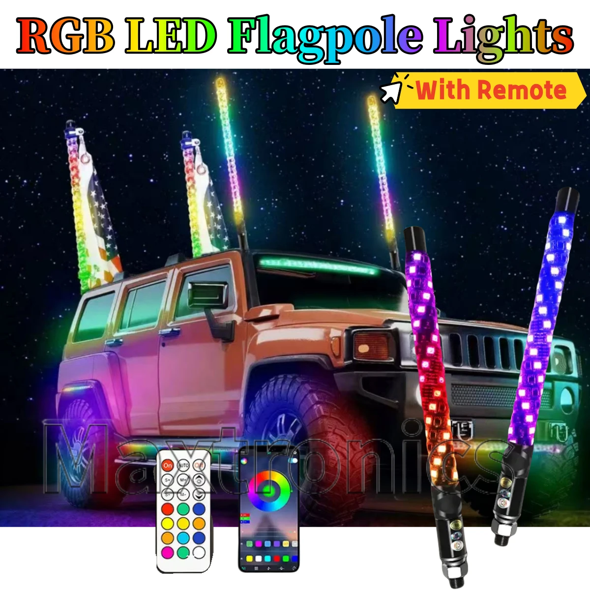 

30cm/1ft RGB LED Flagpole Lights With Remote Control Colorful Spiral Antenna Whips Lights for UTV ATV Off Road Sand Buggy Truck