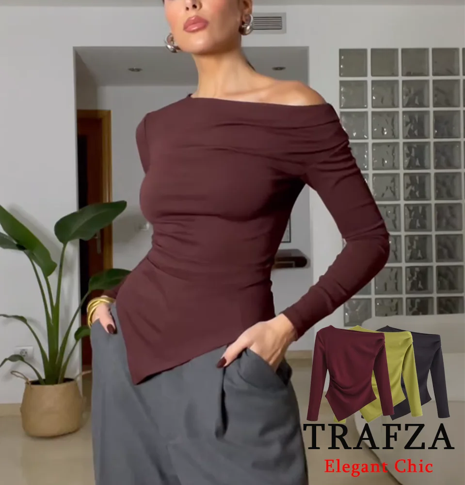 TRAFZA Women Elegant Asymmetric Top with Elastic Off-Shoulder Slim-fit Top New 2025 Spring Fall Casual Simple Versatile Top