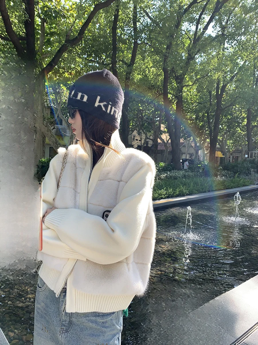 

Warmth Knitted Water Rabbit Fur Zipper Stand Collar Cardigan Outerwear Top Eco-friendly Splicing Fake Two-pieces Outerwear