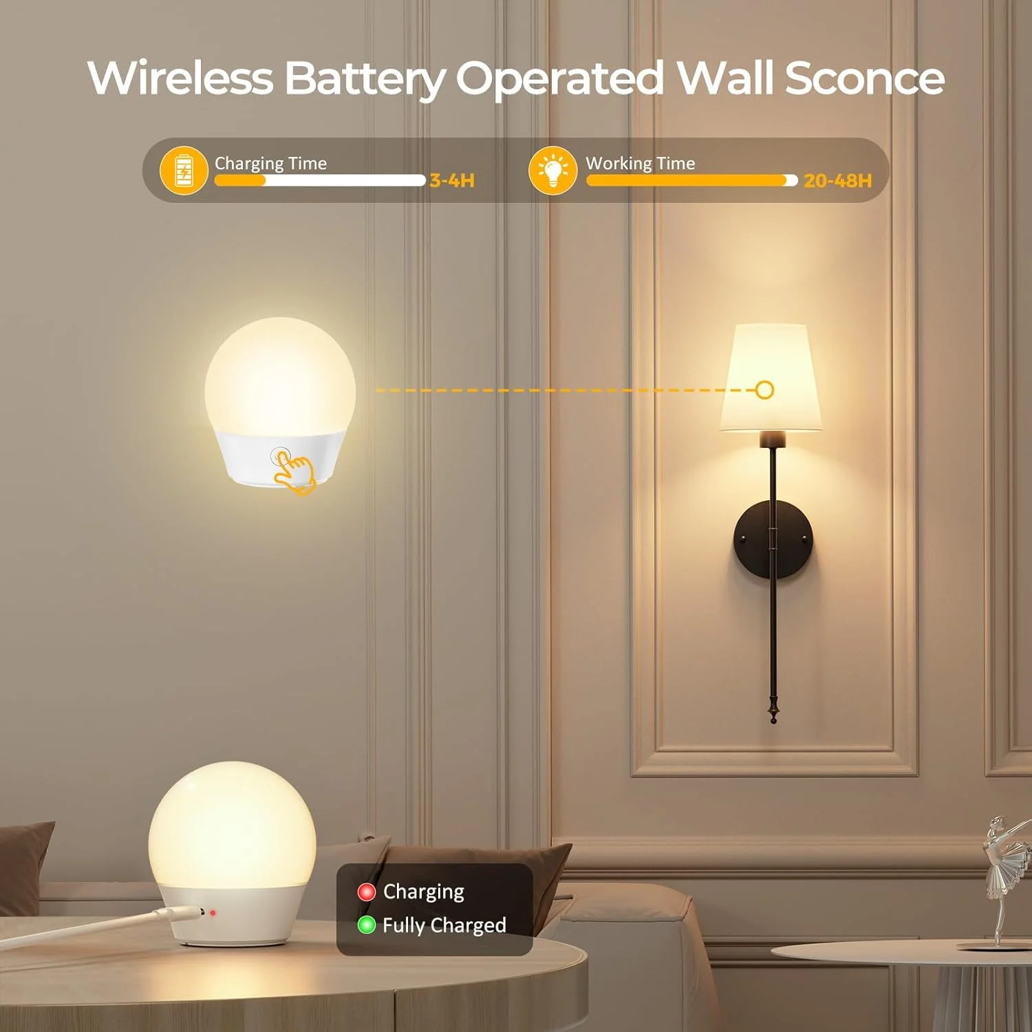 Battery Operated Wall Sconce Set of 1,Wireless Chargeable Wall Light With Remote Control, Amber Light/Warm White/RGB,black,gold